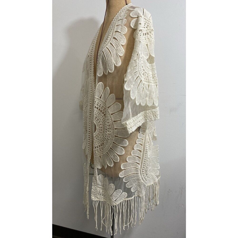 Chico's Lace Embroidered Fringe-Detail Kimono Sheer Duster Cream Size S/M NWT - Picture 2 of 9